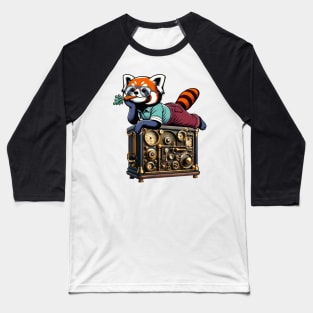 Red Panda Relaxing on Vintage Radio - Unique Digital Art Baseball T-Shirt